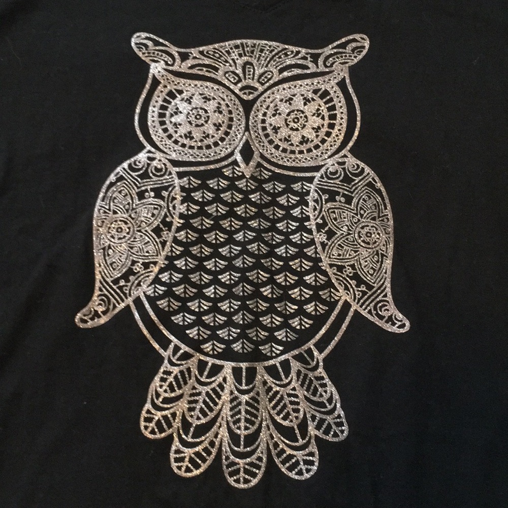 Glittery silver owl long sleeve tee black large